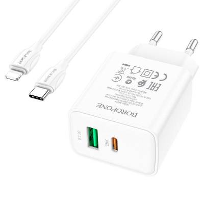 Швидка зарядка 20W Borofone BA67A PD20W+QC3.0 + Type-C + Lightning (Белый)