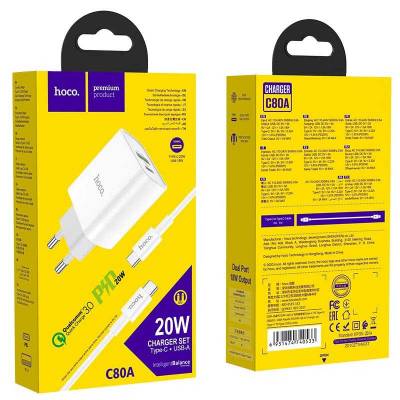 СЗУ HOCO C80A PD 20W+QC3.0 (1USB/1Type-C/3.1A) + Type-C - Type-C СЗУ HOCO C80A PD 20W+QC3.0 (1USB/1Type-C/3.1A) + Type-C - Type-C